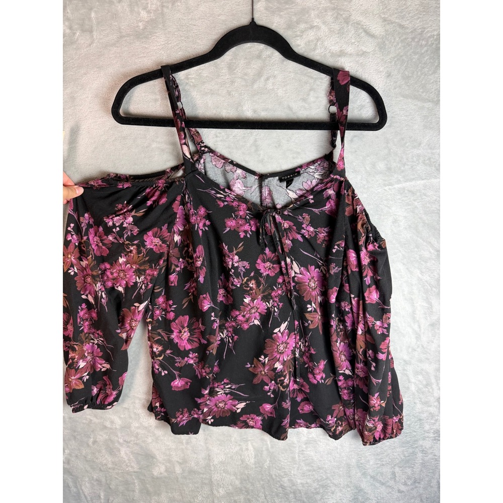 TORRID Blouse Womens 1 1X Black Pink Floral Cold Shoulder Tie Front Plus Size